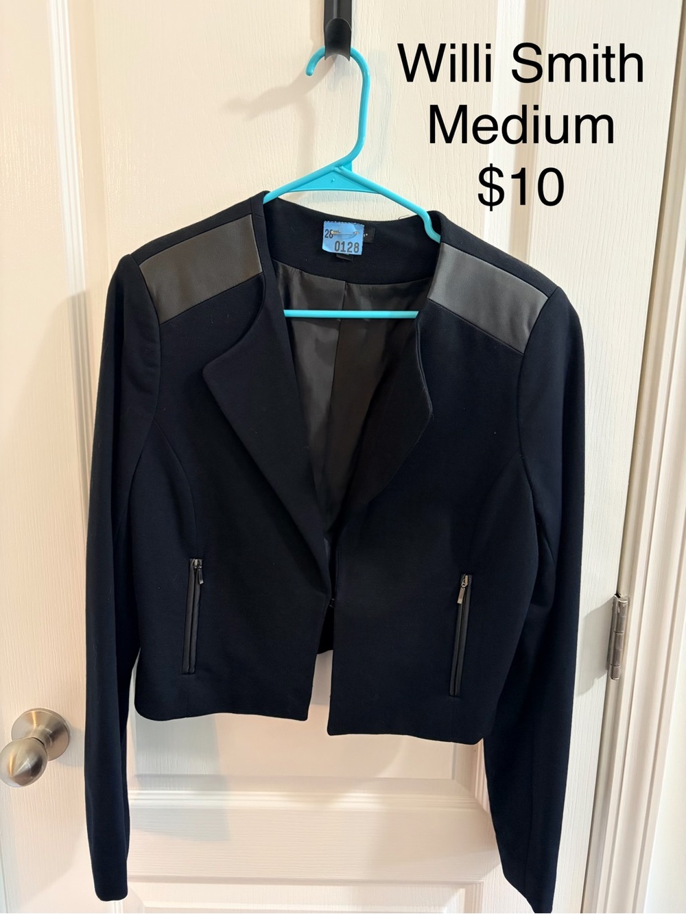 Willi Smith Black Cropped Blazer with leather Shoulder Panels